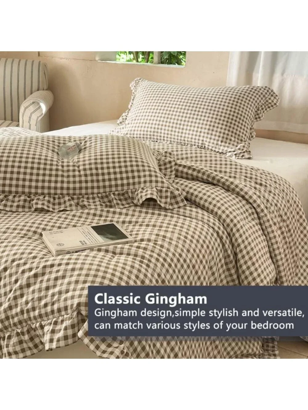 Tan Ruffled Gingham King Comforter Set | Cozy Bedding | Farmhouse Style Decor